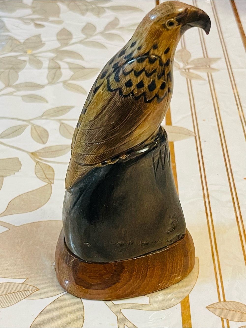 Vintage Hand Carved Horn Eagle Hawk
Sculpture on Wooden Base